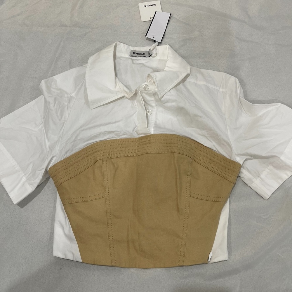 Simkhai short sleeve collared corseted top